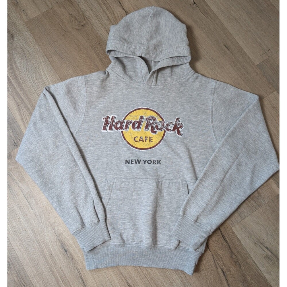 Hard Rock Cafe New York Hoodie Size S Heather Gray Distressed Logo Pullover Y2K